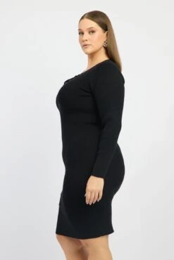 Black Midi Knit Bodycon Dress V-neck Long Sleeve -You And All Fashion Store ced31536 40ab black 3
