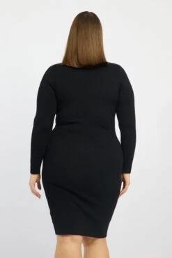 Black Midi Knit Bodycon Dress V-neck Long Sleeve -You And All Fashion Store ced31536 40ab black 4