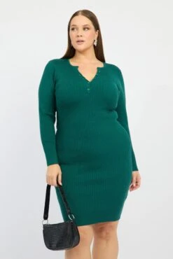 Blue Midi Knit Bodycon Dress V-neck Long Sleeve