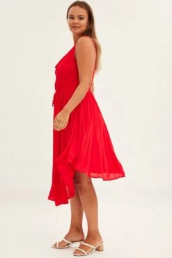 Red Party Dress Strappy V Hem Crinkle Dobby Viscose -You And All Fashion Store ced31539 34ab red 4