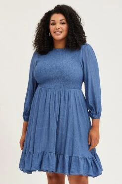 Blue Skater Dress Round Neck Long Sleeve Shirred -You And All Fashion Store ced31552 43ab blue 3 1 1