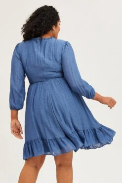 Blue Skater Dress Round Neck Long Sleeve Shirred -You And All Fashion Store ced31552 43ab blue 5 1 1