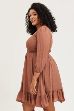 Brown Skater Dress Round Neck Long Sleeve Shirred -You And All Fashion Store ced31552 43ab rust 4 1 1
