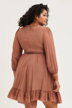 Brown Skater Dress Round Neck Long Sleeve Shirred -You And All Fashion Store ced31552 43ab rust 5 1 1