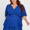 Mid Blue Skater Dress V-neck Short Sleeve Tie