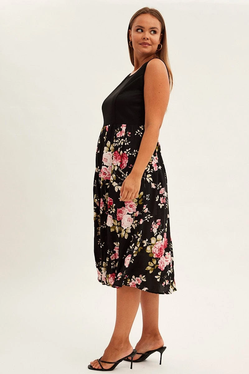 Print Cream Print Sleeveless Plain Bodice Long Dress 4 Print Cream Print Sleeveless Plain Bodice Long Dress - Image 4