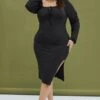 Black Bodycon Dress Rib Jersey Tie Midi Off Shoulder