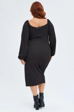 Black Bodycon Dress Rib Jersey Tie Midi Off Shoulder -You And All Fashion Store ced31642 48a black 5