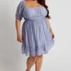 Blue Mini Dress Gather Waist Frill Hem
