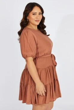 Brown Skater Dress Short Puff Sleeve Textured -You And All Fashion Store ced31763a 10ab clay 4