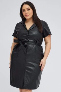 Black Faux Leather Dress Knee Length Short Sleeve Belt -You And All Fashion Store ced31911 33a black 3