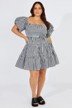 Black Check Off Shoulder Gingham Skater Dress -You And All Fashion Store ced32125t 34ab check 3