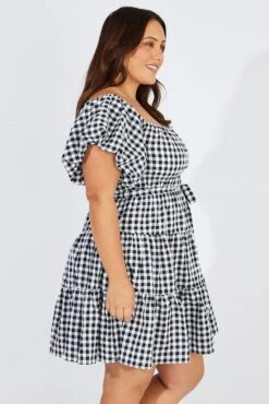 Black Check Off Shoulder Gingham Skater Dress -You And All Fashion Store ced32125t 34ab check 4