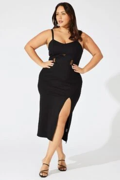 Black Ponte Midi Dress Sheer Panel Waist -You And All Fashion Store ced32159 34ab black 3