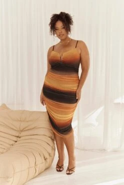 Multi Abstract Bodycon Dress Mesh Ruched Sunset Print Strappy