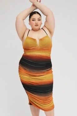 Multi Abstract Bodycon Dress Mesh Ruched Sunset Print Strappy -You And All Fashion Store ced32168 36a abstract 3