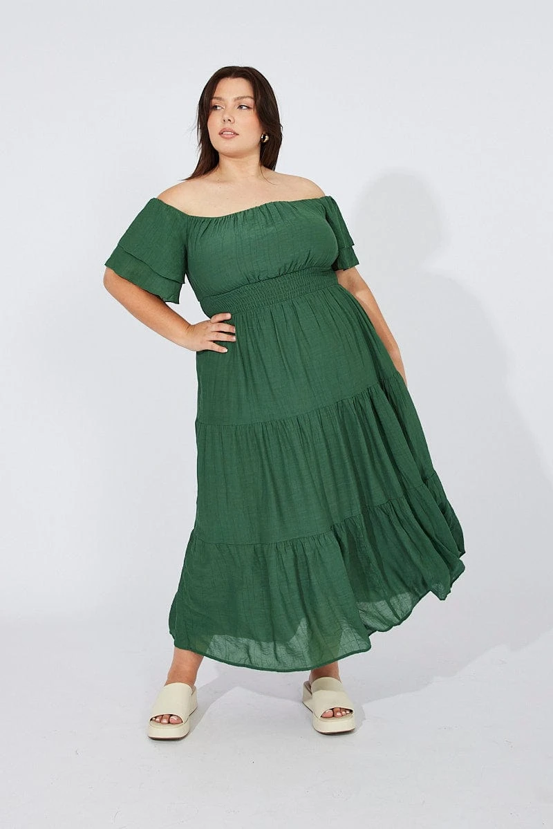 Green Off Shoulder Layer Midi Dress 1 Green Off Shoulder Layer Midi Dress