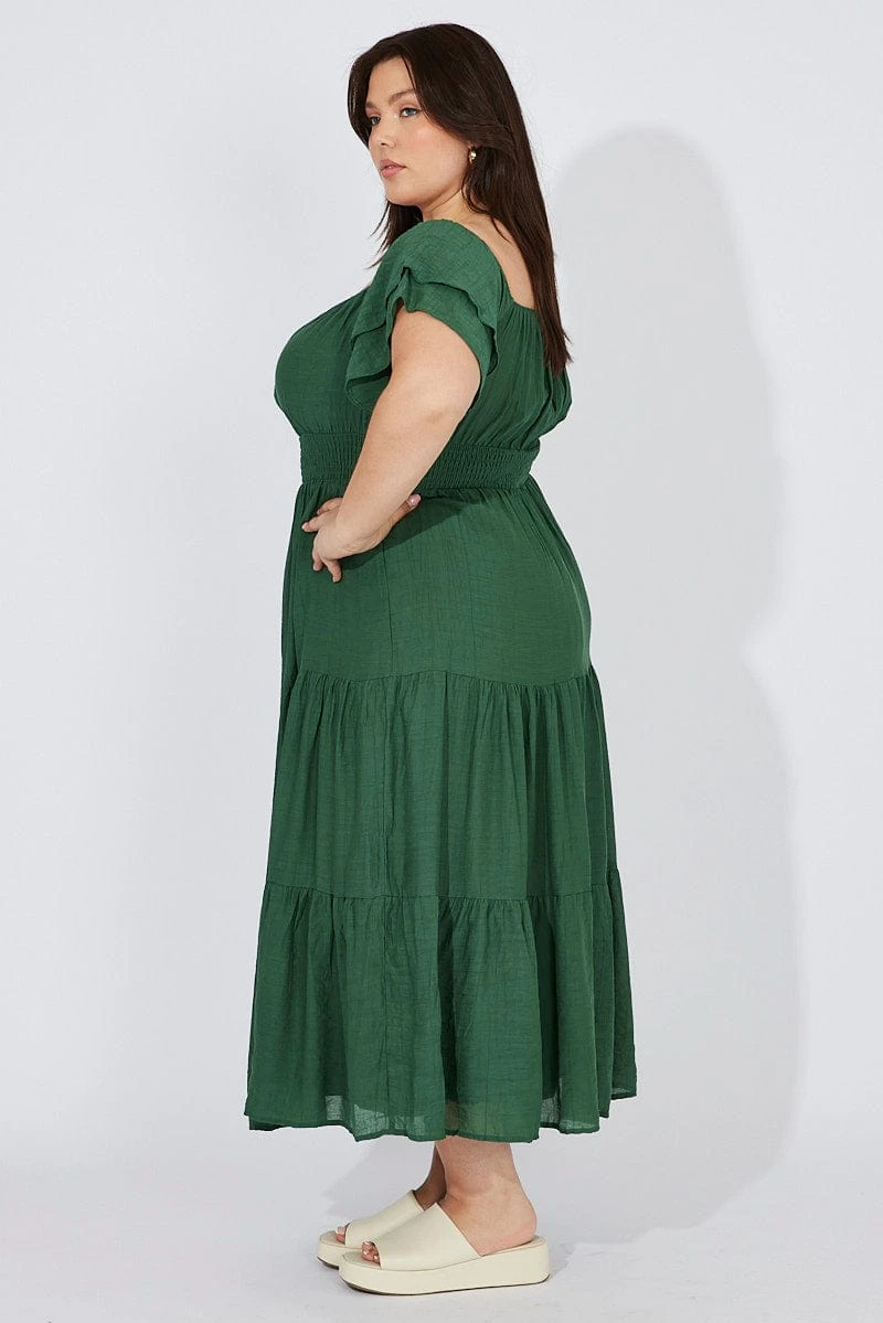 Green Off Shoulder Layer Midi Dress 4 Green Off Shoulder Layer Midi Dress - Image 4