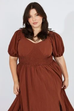 Brown Midi Dress Puff Sleeve Front Split -You And All Fashion Store ced32266 10a chocolate 3