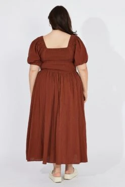 Brown Midi Dress Puff Sleeve Front Split -You And All Fashion Store ced32266 10a chocolate 5