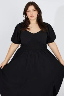 Black Midi Dress Puff Sleeve Front Split -You And All Fashion Store ced32266a 10ab black 3