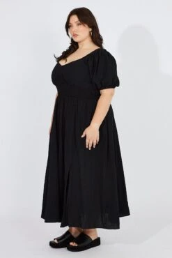 Black Midi Dress Puff Sleeve Front Split -You And All Fashion Store ced32266a 10ab black 4