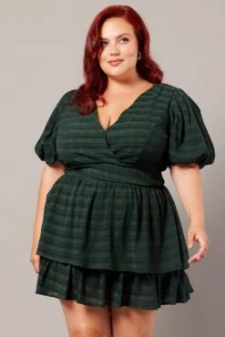 Green Textured Puff Sleeve Frill Dress -You And All Fashion Store ced32269 34ab green 3