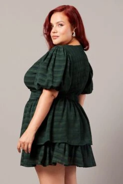 Green Textured Puff Sleeve Frill Dress -You And All Fashion Store ced32269 34ab green 4