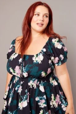 Black Floral Shirred Waist Detail Layer Minidress -You And All Fashion Store ced32368g 34a floral 3