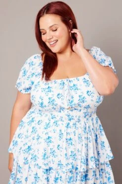 Blue Floral Shirred Waist Tiered Minidress -You And All Fashion Store ced32368j 34ab floral 3