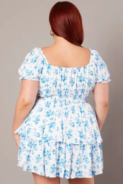 Blue Floral Shirred Waist Tiered Minidress -You And All Fashion Store ced32368j 34ab floral 5