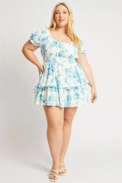 Blue Floral Shirred Waist Detail Layer Minidress -You And All Fashion Store ced32368k 34a floral 3