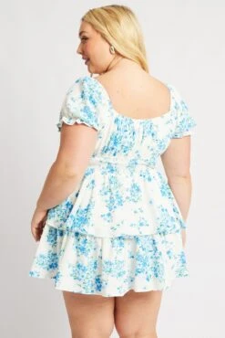 Blue Floral Shirred Waist Detail Layer Minidress -You And All Fashion Store ced32368k 34a floral 5