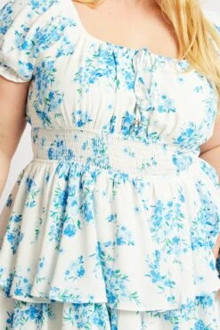 Blue Floral Shirred Waist Detail Layer Minidress -You And All Fashion Store ced32368k 34a floral 6