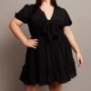 Black Tie Front Textured Frill Hem Minidress