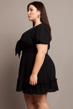 Black Tie Front Textured Frill Hem Minidress -You And All Fashion Store ced32387 59ab black 4