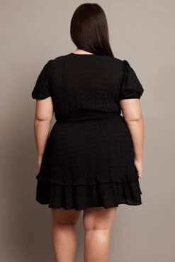 Black Tie Front Textured Frill Hem Minidress -You And All Fashion Store ced32387 59ab black 5