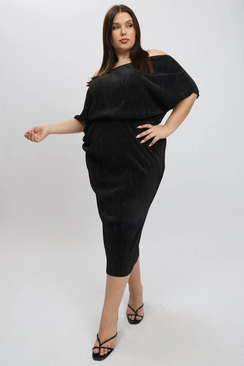 Black Asymmetric Plisse Midi Dress 1 Black Asymmetric Plisse Midi Dress