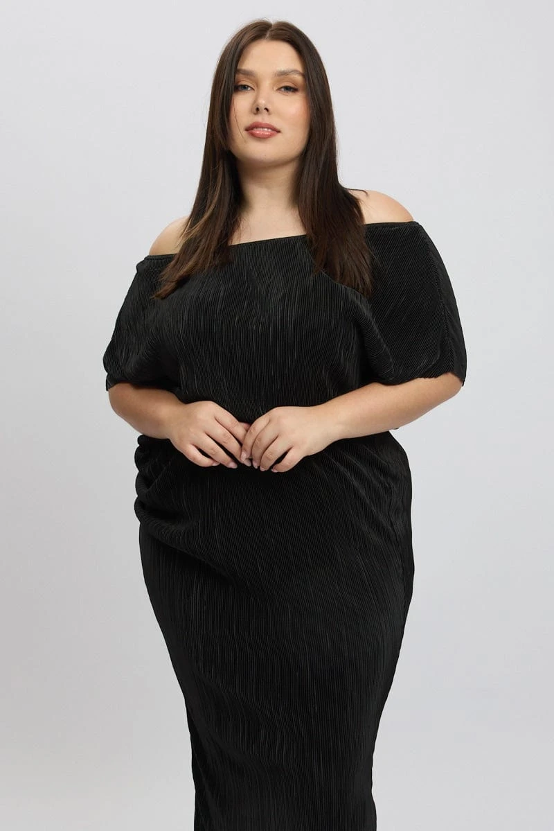 Black Asymmetric Plisse Midi Dress 2 Black Asymmetric Plisse Midi Dress - Image 2