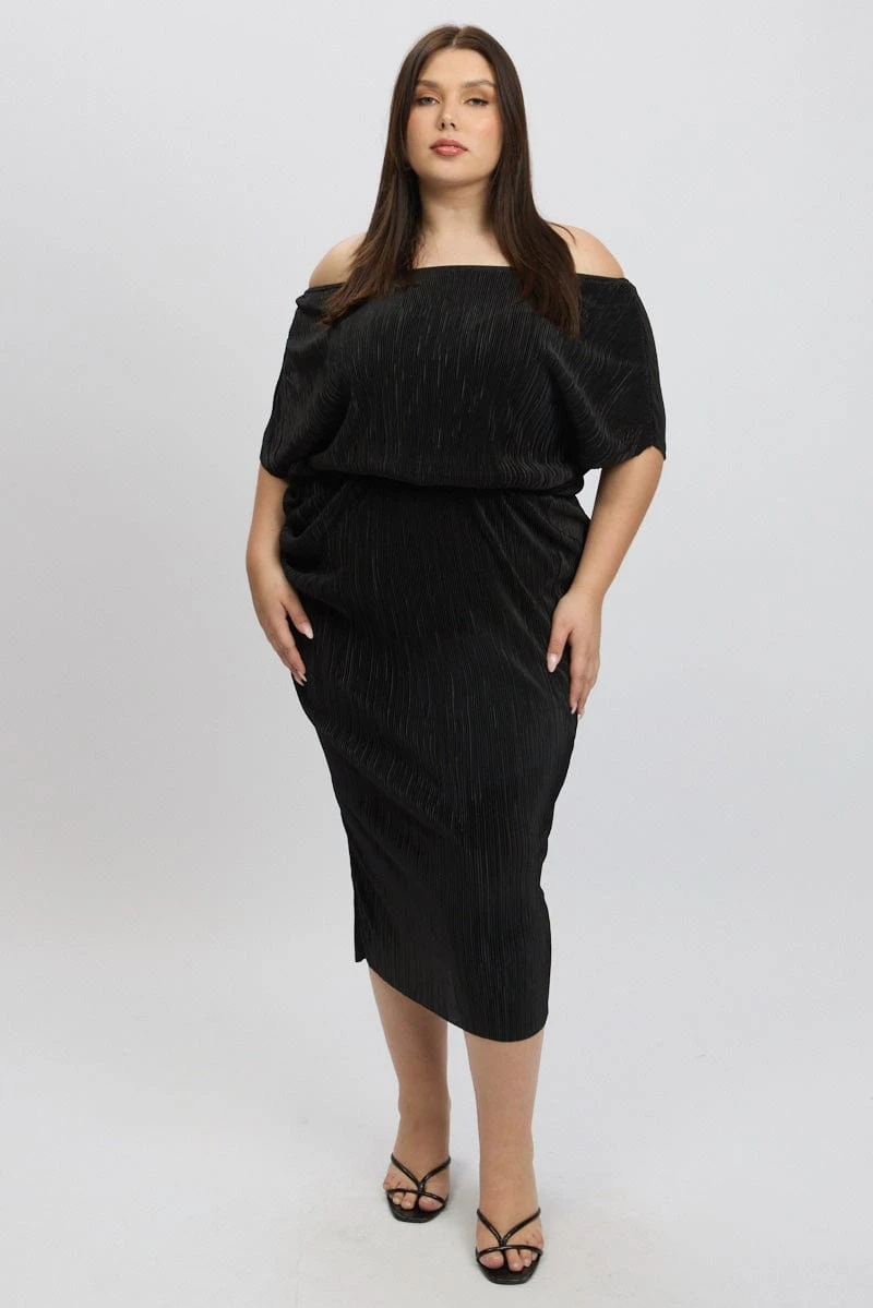 Black Asymmetric Plisse Midi Dress 3 Black Asymmetric Plisse Midi Dress - Image 3