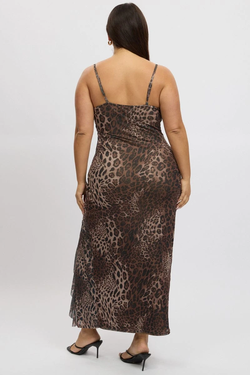 Brown Animal Print Frill Mesh Bodycon Maxidress 5 Brown Animal Print Frill Mesh Bodycon Maxidress - Image 5