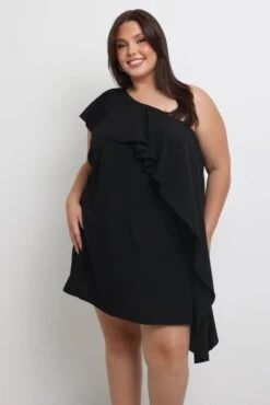 Black One Shoulder Frill Minidress