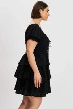 Black Lace Up Front Embossed Cotton Mini Dress -You And All Fashion Store ced32509 10a black 4