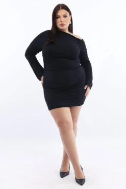 Black Asymmetric Long Sleeve Ruched Supersoft Mini Dress -You And All Fashion Store ced32582 84ab black 3