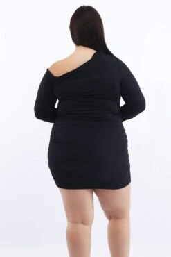 Black Asymmetric Long Sleeve Ruched Supersoft Mini Dress -You And All Fashion Store ced32582 84ab black 5