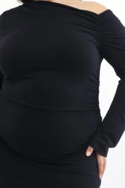 Black Asymmetric Long Sleeve Ruched Supersoft Mini Dress -You And All Fashion Store ced32582 84ab black 6