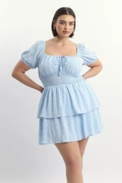 Blue Textured Shirred Waist Mini Dress