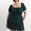 Green Textured Shirred Waist Mini Dress