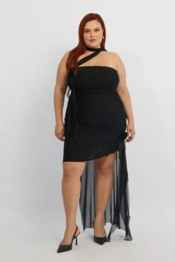 Black Scarf Neck Frill Mini Dress