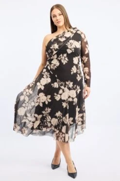 Black Floral Midi Dress One Shoulder Mesh -You And All Fashion Store ced3447 128r floral 2
